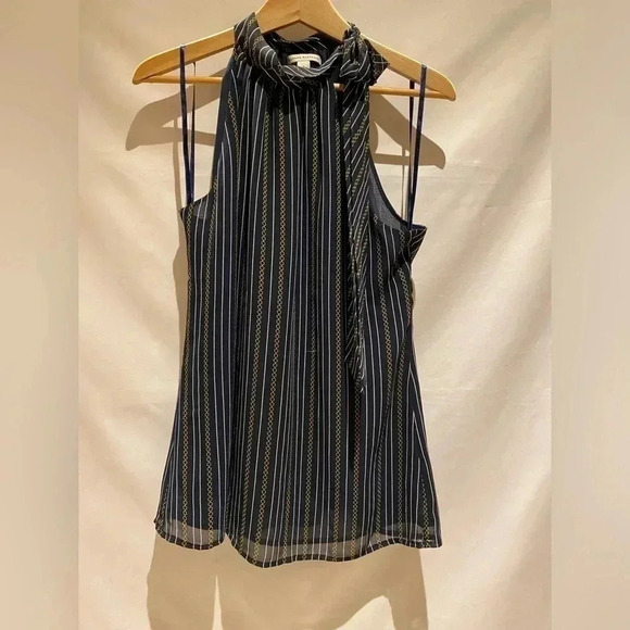 Banana Republic Pinstripe Navy Bow-Neck Blouse, size L - Picture 1 of 8